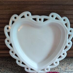 Art Glass Open Candy / Mint Heart Dish in Milk Glass